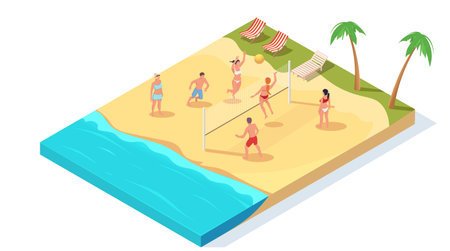 People playing beach volleyball with loungers and palm trees in the background. Vector illustrationのイラスト素材
