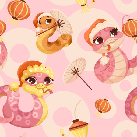 Cute snakes with Santa hats and umbrellas on a pink background with lanterns. Vector illustrationのイラスト素材