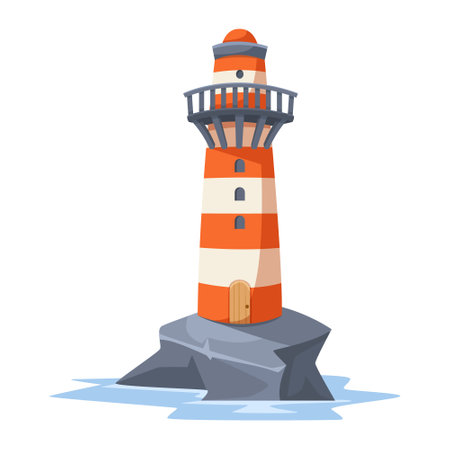 Cartoon lighthouse with red and white stripes on a rock. Vector illustrationのイラスト素材