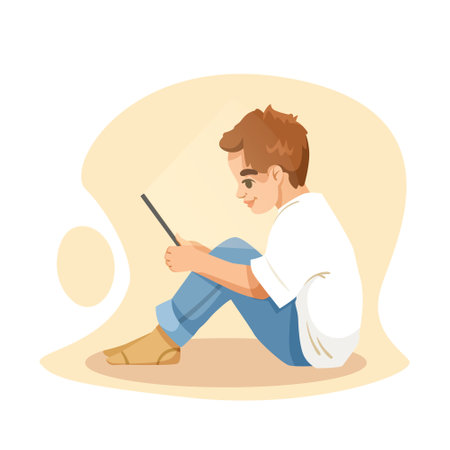 Boy reading tablet while sitting on the floor. Vector illustrationのイラスト素材