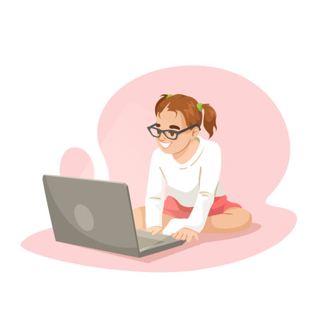 Young girl using laptop while sitting on the floor. Vector illustrationのイラスト素材