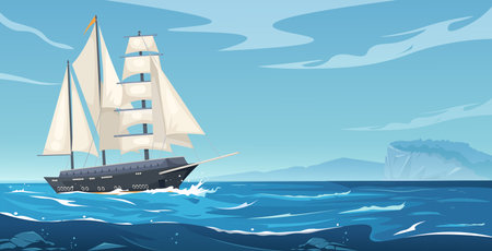 Sailing ship on the open ocean with mountains in the background. Vector illustrationのイラスト素材