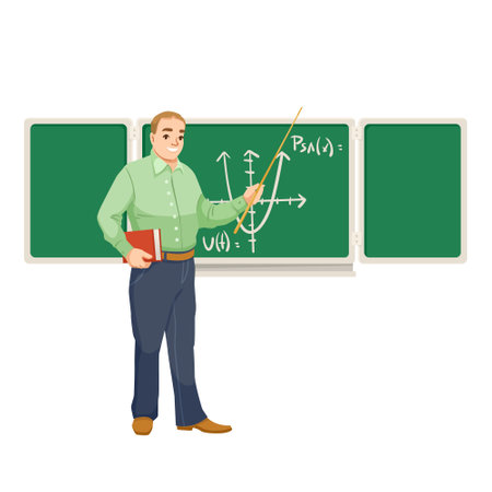 Teacher pointing to a blackboard with a graph. Vector illustrationのイラスト素材
