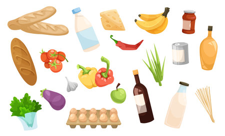 Food items set with vegetables, bread, and dairy products. Vector illustrationのイラスト素材