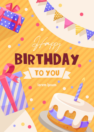 Bright birthday poster with cake and gifts. Vector illustrationのイラスト素材