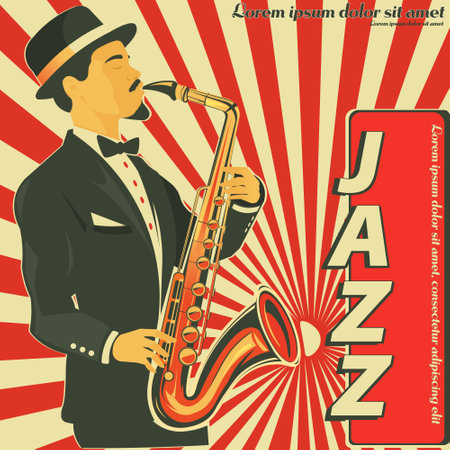 Jazz musician playing saxophone on retro poster. Vector illustrationのイラスト素材