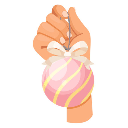 Hand holding a decorative pink ornament with a bow. Vector illustrationのイラスト素材