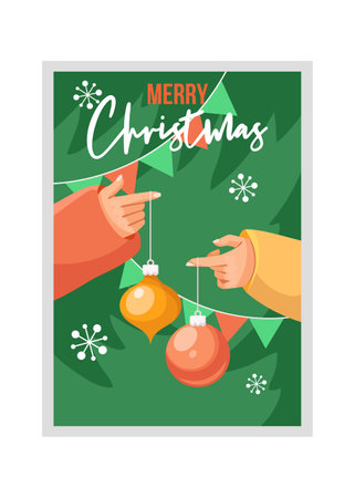 Christmas Celebration with Hands and Ornaments on a Green Background. Vector illustrationのイラスト素材