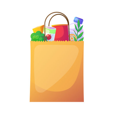 Grocery bag filled with food items and drinks. Vector illustrationのイラスト素材