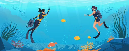 Underwater scuba divers exploring marine life in vibrant ocean. Vector illustration