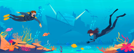Underwater scene with divers exploring a coral reef. Vector illustrationのイラスト素材