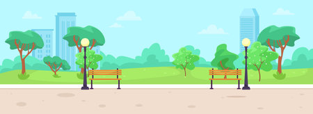Peaceful park scene with benches and trees in a city setting. Vector illustrationのイラスト素材