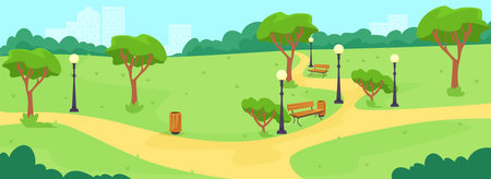 Park scene with benches and trees in a sunny landscape. Vector illustrationのイラスト素材