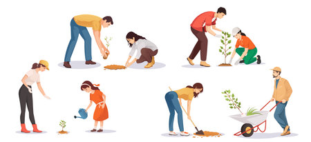 People planting trees in various activities. Vector illustrationのイラスト素材