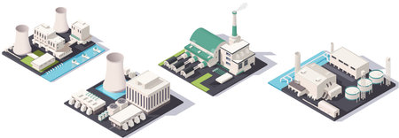 Isometric view of industrial factory set with multiple structures and elements. Vector illustrationのイラスト素材