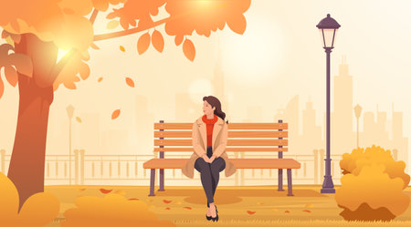 Young woman sitting on a park bench in autumn scenery. Vector illustrationのイラスト素材