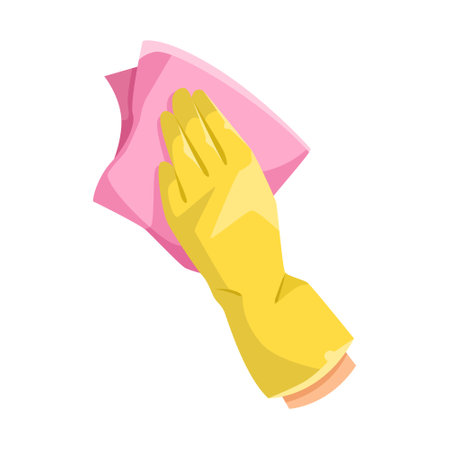 Cleaning hand with pink cloth in yellow glove. Vector illustrationのイラスト素材