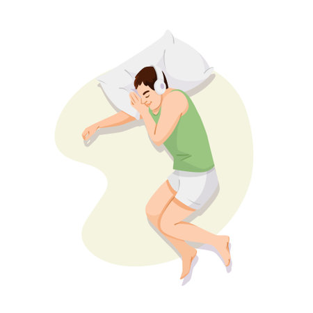 Man sleeping peacefully with headphones on a pillow. Vector illustrationのイラスト素材
