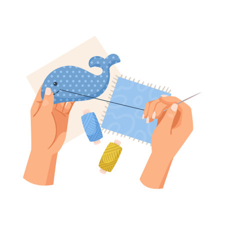 Crafting a whale toy with sewing materials and hands. Vector illustrationのイラスト素材