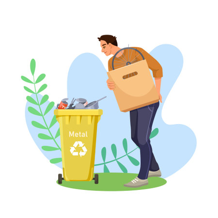Man carrying recyclable materials to a yellow bin. Vector illustrationのイラスト素材