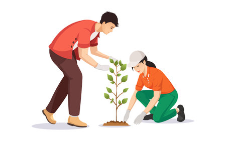Planting Trees Together by Two People. Vector illustrationのイラスト素材