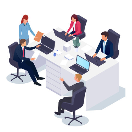 Team meeting in an office space with laptops and documents. Vector illustrationのイラスト素材
