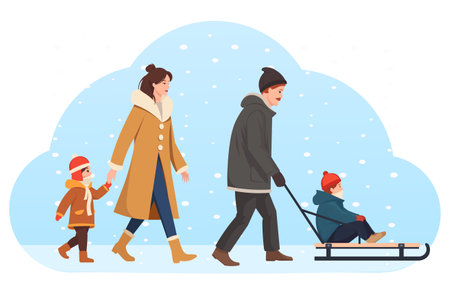 Family enjoying winter fun on a snowy day. Vector illustrationのイラスト素材