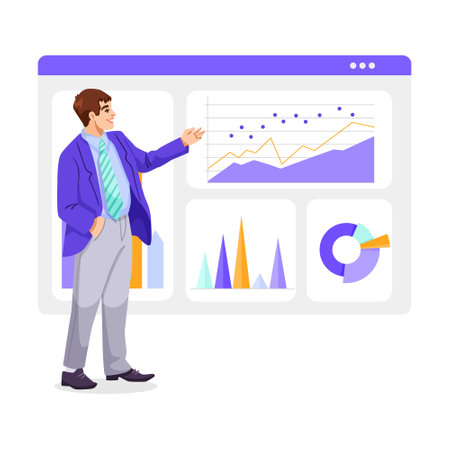 Businessman presenting data in front of analytical charts. Vector illustrationのイラスト素材