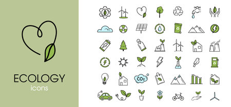 Ecology and sustainability icon set with green accents. Vector illustrationのイラスト素材