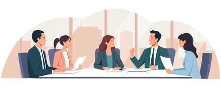 Business meeting with team discussing at a table. Vector illustrationのイラスト素材