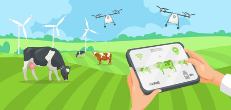 Digital farming concept with cows, drones, and wind turbines. Vector illustrationのイラスト素材