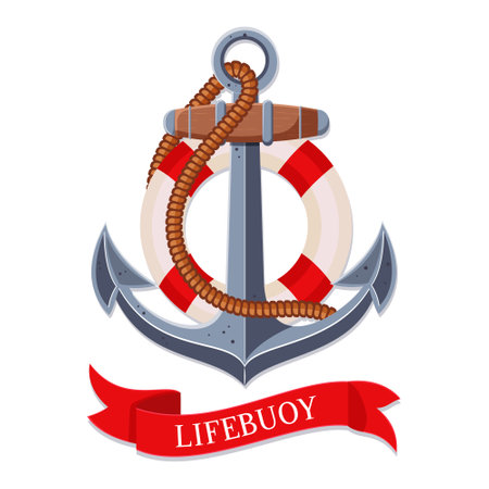 Anchor with lifebuoy and red ribbon on white background. Vector illustrationのイラスト素材