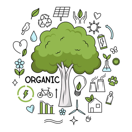 Organic concept with environmental elements around a tree. Vector illustrationのイラスト素材