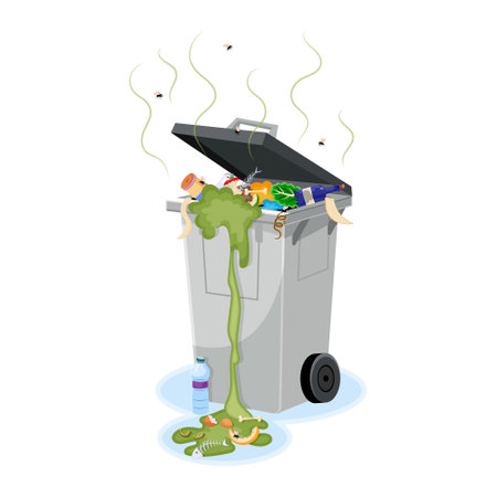 Overflowing trash bin with garbage and flies, white background. Vector illustrationのイラスト素材