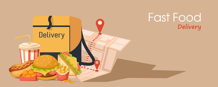 Fast food delivery concept with meal and delivery bag. Vector illustrationのイラスト素材