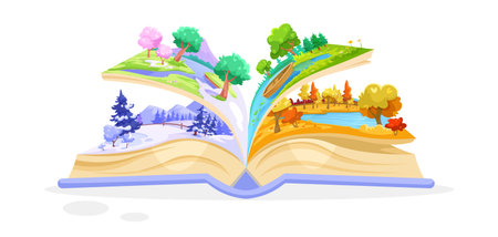 Open book with four seasons landscape inside. Vector illustrationのイラスト素材