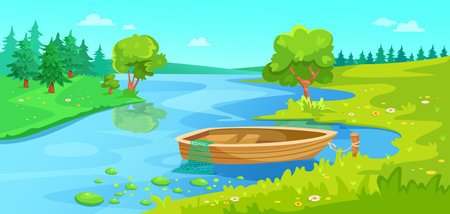Scenic riverbank with a wooden boat in nature landscape. Vector illustrationのイラスト素材