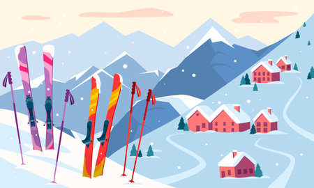 Ski equipment and snowy mountain village landscape. Vector illustrationのイラスト素材