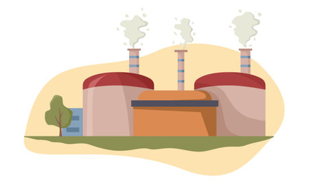 Industrial factory with chimneys emitting smoke on a light background. Vector illustrationのイラスト素材
