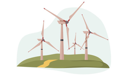 Wind turbines on green hills in minimalist illustration. Vector illustrationのイラスト素材