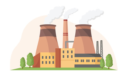 Industrial power plant with smoke stacks and greenery. Vector illustrationのイラスト素材