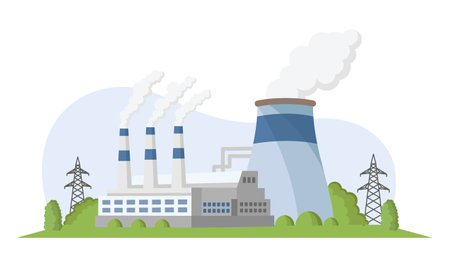 Industrial factory and cooling towers emitting steam. Vector illustrationのイラスト素材