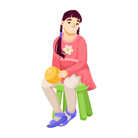Girl with pigtails in pink dress holding yellow ball sitting on stool. Vector illustrationのイラスト素材