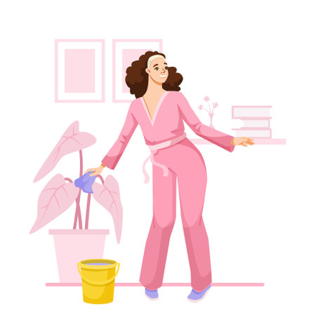 Woman cleaning with a cloth in a cozy home environment. Vector illustrationのイラスト素材