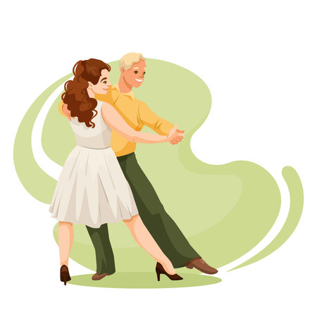 Couple dancing in elegant pose on green background. Vector illustrationのイラスト素材