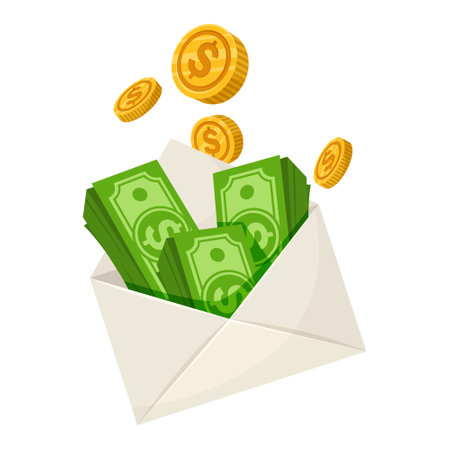 Envelope with cash and coins on white background. Vector illustrationのイラスト素材