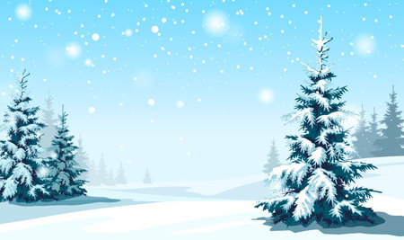 Snowy winter landscape with pine trees and snowfall. Vector illustrationのイラスト素材
