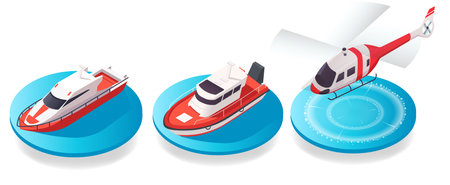 Isometric rescue boats and helicopter illustration. Vector illustrationのイラスト素材