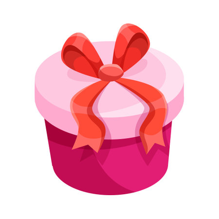 Pink round gift box with red ribbon on white background. Vector illustrationのイラスト素材