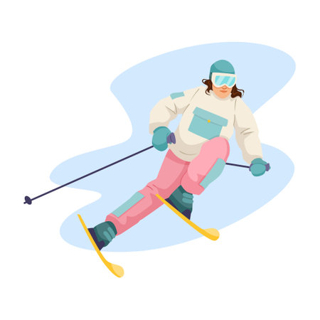 Skier in colorful outfit skiing downhill in winter. Vector illustrationのイラスト素材